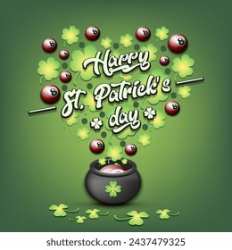 Happy St. Patricks day. Heart made of clovers and billiard balls in a pot. Pattern design for logo, banner, poster, greeting card, party invitation. Vector illustration on isolated background