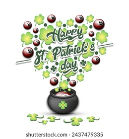 Happy St. Patricks day. Heart made of clovers and billiard balls in a pot. Pattern design for logo, banner, poster, greeting card, party invitation. Vector illustration on isolated background