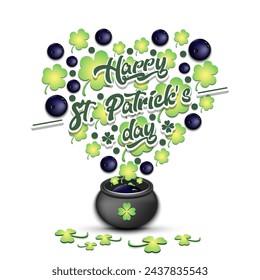 Happy St. Patricks day. Heart made of clovers and bowling balls in a pot. Pattern design for logo, banner, poster, greeting card, party invitation. Vector illustration on isolated background