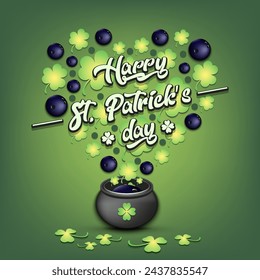 Happy St. Patricks day. Heart made of clovers and bowling balls in a pot. Pattern design for logo, banner, poster, greeting card, party invitation. Vector illustration on isolated background