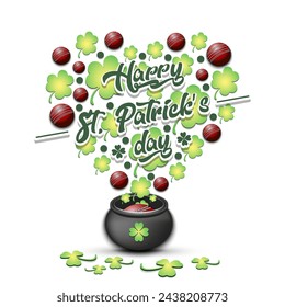 Happy St. Patricks day. Heart made of clovers and cricket balls in a pot. Pattern design for logo, banner, poster, greeting card, party invitation. Vector illustration on isolated background