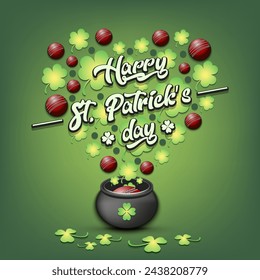 Happy St. Patricks day. Heart made of clovers and cricket balls in a pot. Pattern design for logo, banner, poster, greeting card, party invitation. Vector illustration on isolated background