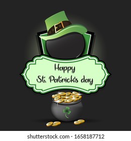 Happy St. Patricks day. Hockey logo template design. Hockey puck with St. Patrick hat and pot with gold. Pattern for banner, poster, greeting card, party invitation. Vector illustration