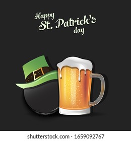 Happy St. Patricks day. Hockey puck with St. Patrick hat and mug of beer. Pattern for banner, poster, greeting card, party invitation. Vector illustration