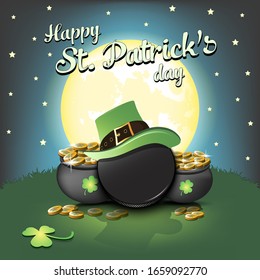 Happy St. Patricks day. Hockey puck with St. Patrick hat and pot with gold on the background of the moon. Pattern for banner, poster, greeting card, invitation. Vector illustration