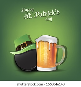 Happy St. Patricks day. Hockey puck with St. Patrick hat and mug of beer. Pattern for banner, poster, greeting card, party invitation. Vector illustration