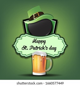 Happy St. Patricks day. Hockey logo template design. Hockey puck with St. Patrick hat and mug of beer. Pattern for banner, poster, greeting card, party invitation. Vector illustration