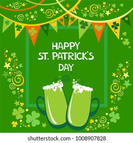  Happy St. Patrick's day. Holiday Greeting Card. Celebration green background with Beer mugs, shamrock, bunting garland and place for your text. Vector Illustration