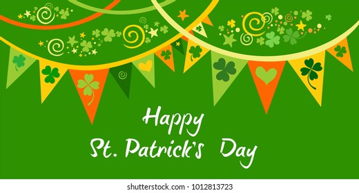 Happy St. Patrick's day. Holiday Greeting Card. Celebration green background with  shamrock, bunting garland and place for your text. Vector Illustration