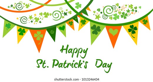 Happy St. Patrick's day. Holiday Greeting Card. Celebration green background with  shamrock, bunting garland and place for your text.  Vector illustration