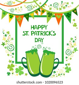 Happy St. Patrick's day. Holiday Greeting Card. Celebration  background with Beer mugs, shamrock, bunting garland and place for your text. Vector Illustration