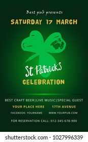 Happy St. Patrick's Day Holiday poster with hand drawn lettering and  brush painted clover symbol. Irish green holiday party. Vector illustration. For banners, advertising, invitations, greeting card