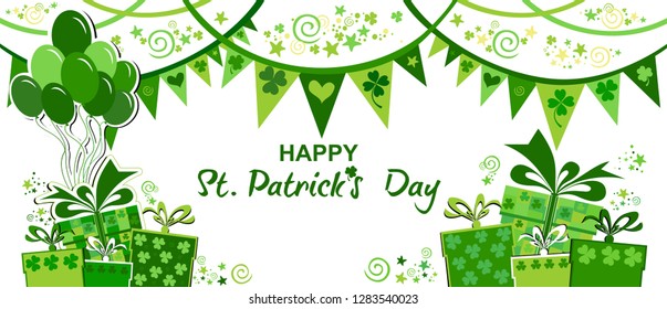 Happy St. Patrick's day. Holiday Greeting Card. Celebration white background with gift boxes, shamrock, bunting garland, green balloons and place for your text.  Horizontal Banner. Vector illustration