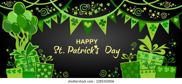 Happy St. Patrick's day. Holiday Greeting Card. Celebration black background with gift boxes, shamrock, bunting garland, green balloons and place for your text.  Horizontal Banner. Vector illustration