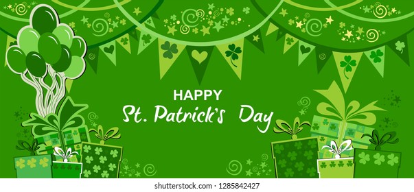 Happy St. Patrick's day. Holiday Greeting Card. Celebration green background with gift box, shamrock, bunting garland, balloon and place for your text.  Horizontal Banner. Vector illustration