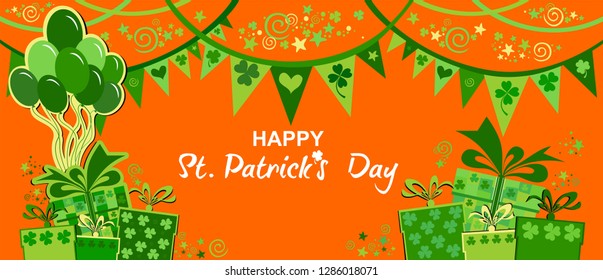 Happy St. Patrick's day. Holiday Greeting Card. Celebration orange background with gift boxes, shamrock, bunting garland, green balloons and place for your text. Horizontal Banner. Vector illustration