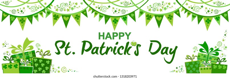 Happy St. Patrick's day. Holiday Greeting Card. Celebration white background with gift boxes, shamrock, bunting garland and place for your text.  Horizontal Banner. Vector illustration