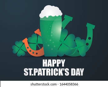 Happy St. Patrick's Day. Holiday symbols: a glass of green beer, clover leaves and a horseshoe. Vector illustration