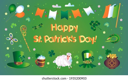 Happy St. Patrick's Day. Holiday greeting card with traditional St. Patrick's Day symbols. A shamrock leaf,  staff and St. Patrick's hat, An Irish flag, a pot of coins, a snake, a mug of beer and more