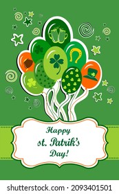 Happy St. Patrick's day. Holiday Greeting Card. Saint Patrick's Day card with irish colored balloons on green background. Confetti, clover and Place for text. Vector illustration.