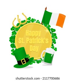 Happy St. Patrick's Day holiday background with gold coin, horseshoes, leprechaun hat, green beer and irish flag