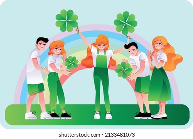 Happy St. Patrick's day. Holiday Greeting Card. Celebration green background with shamrock, bunting garland and place for your text. Vector illustration