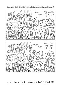 "Happy St Patrick's Day!" holiday greeting find the differences picture puzzle and coloring page
