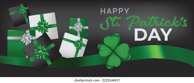 Happy St. Patrick's day. Holiday Greeting Card. Celebration black background with gift boxes, shamrock, , green bows and place for your text. Horizontal Banner.
