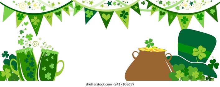 Happy St. Patrick's day. Holiday Greeting Card. Celebration white background with Beer mugs, shamrock, confetti, bunting garland and place for your text. Horizontal banner. Presentation, website. 