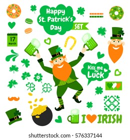 Happy St. Patrick's Day. Holiday big set with leprechaun, clover, heart, beer, gold, hat, donuts, wafer rolls, macaroons and horseshoe. I love irish. Kiss me for luck. Funny collection. 