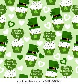Happy St. Patrick's Day. Holiday seamless pattern with cupcakes, hats, clover and hearts. Sweet background. 