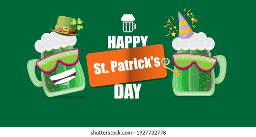 Happy st. Patricks day horizontal banner with cartoon funny beer glass friends characters with sunglasses isolated on green background. Patricks day cartoon comic poster with funky green beer