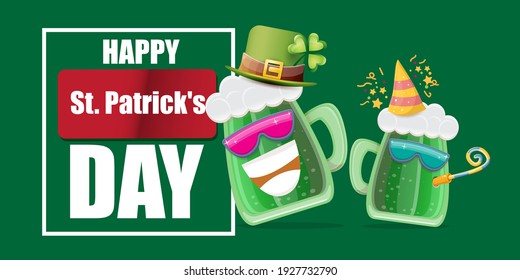 Happy st. Patricks day horizontal banner with cartoon funny beer glass friends characters with sunglasses isolated on green background. Patricks day cartoon comic poster with funky green beer