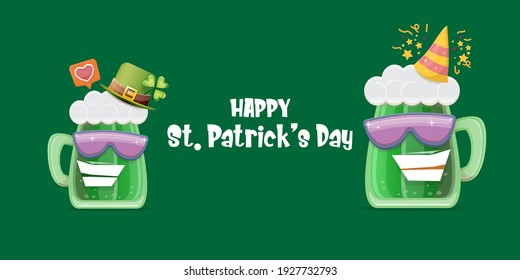 Happy st. Patricks day horizontal banner with cartoon funny beer glass friends characters with sunglasses isolated on green background. Patricks day cartoon comic poster with funky green beer