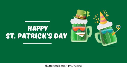 Happy st. Patricks day horizontal banner with cartoon funny beer glass friends characters with sunglasses isolated on green background. Patricks day cartoon comic poster with funky green beer