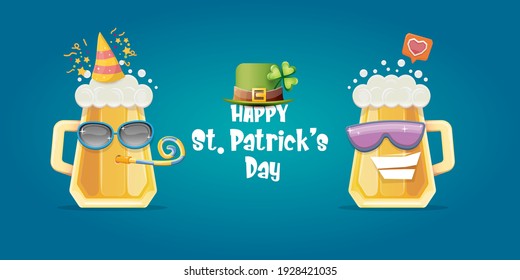 Happy st. Patricks day horizontal banner with cartoon funny beer glass friends characters with sunglasses isolated on blue background. Patricks day cartoon comic poster with funky green beer