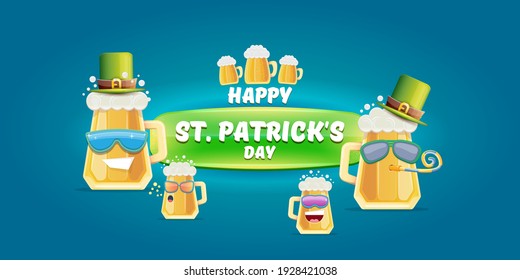 Happy st. Patricks day horizontal banner with cartoon funny beer glass friends characters with sunglasses isolated on blue background. Patricks day cartoon comic poster with funky green beer