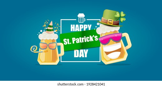 Happy st. Patricks day horizontal banner with cartoon funny beer glass friends characters with sunglasses isolated on blue background. Patricks day cartoon comic poster with funky green beer