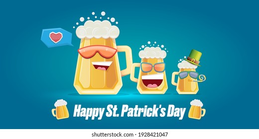 Happy st. Patricks day horizontal banner with cartoon funny beer glass friends characters with sunglasses isolated on blue background. Patricks day cartoon comic poster with funky green beer