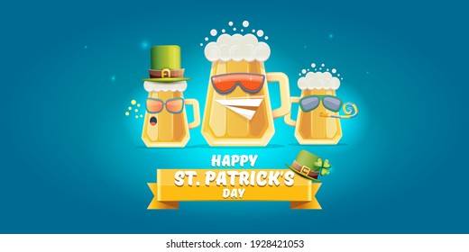 Happy st. Patricks day horizontal banner with cartoon funny beer glass friends characters with sunglasses isolated on blue background. Patricks day cartoon comic poster with funky green beer