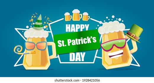 Happy st. Patricks day horizontal banner with cartoon funny beer glass friends characters with sunglasses isolated on blue background. Patricks day cartoon comic poster with funky green beer