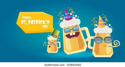 Happy st. Patricks day horizontal banner with cartoon funny beer glass friends characters with sunglasses isolated on blue background. Patricks day cartoon comic poster with funky green beer