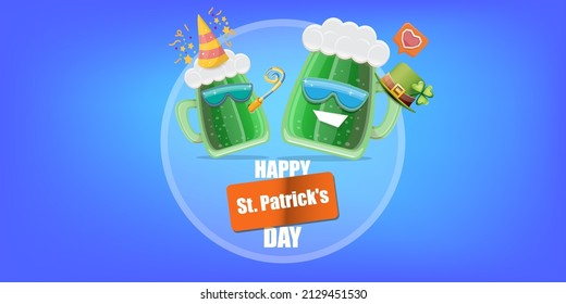 Happy st. Patricks day horizontal banner with cartoon funny beer glass friends characters with sunglasses isolated on blue background. Patricks day cartoon comic poster with funky green beer