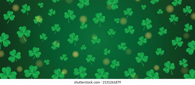 Happy St. Patrick's Day Horizontal Background Banner. Website header wallpaper vector illustration. Realistic Shamrock leaves pattern on dark green texture background. Saint Patrick Graphic resource 