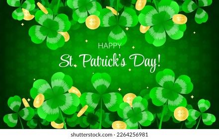 Happy St. Patrick's day horizontal banner background with green shamrock leaves, gold coin. Element design. Realistic vector illustration. On green clover pattern background.