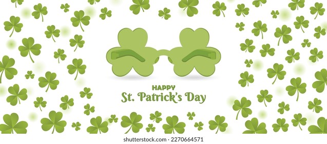 Happy St. Patricks Day Horizontal Background Banner. Unique 90s theme throwback funky party sunglasses vector illustration. Realistic Shamrock leaves pattern. Website header Promotion Graphic resource