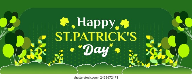 Happy St Patrick's Day horizontal banner in modern geometric style. Great for greeting covers, social posters and St Patrick's Day celebration party invitations with text. Vector illustration