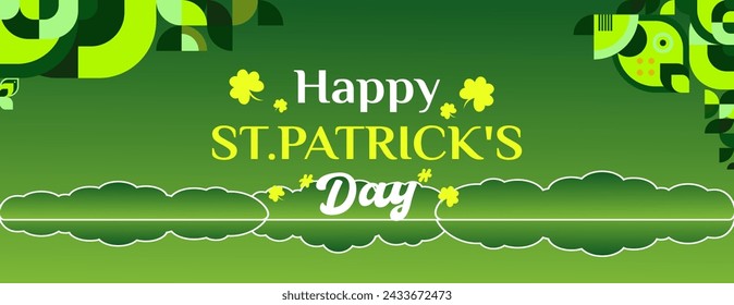 Happy St Patrick's Day horizontal banner in modern geometric style. Great for greeting covers, social posters and St Patrick's Day celebration party invitations with text. Vector illustration