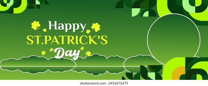 Happy St Patrick's Day horizontal banner in modern geometric style. Great for greeting covers, social posters and St Patrick's Day celebration party invitations with text. Vector illustration