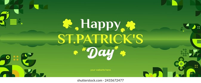 Happy St Patrick's Day horizontal banner in modern geometric style. Great for greeting covers, social posters and St Patrick's Day celebration party invitations with text. Vector illustration